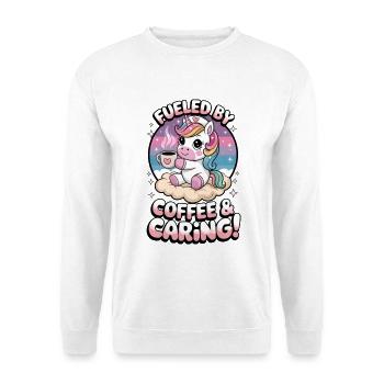 Angetrieben von Kaffee und Fürsorge! - Unisex Pullover - Weiß - Vorne - Alina (178cm) & Michal (187cm)