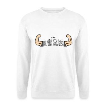 I love Bad Guys - Muskelarme Schriftzug - Unisex Pullover - Weiß - Vorne - Alina (178cm) & Michal (187cm)