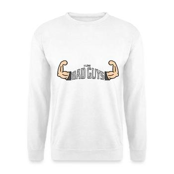 I love Bad Guys - Muskelarme Schriftzug - Unisex Pullover - Weiß - Vorne - Alina (178cm) & Michal (187cm)