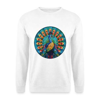 Pfauenbunte Aquarell-Tierillustration - Unisex Pullover - Weiß - Vorne - Alina (178cm) & Michal (187cm)