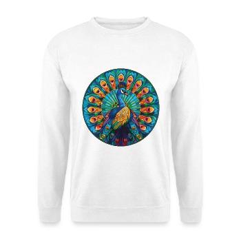 Pfauenbunte Aquarell-Tierillustration - Unisex Pullover - Weiß - Vorne - Alina (178cm) & Michal (187cm)