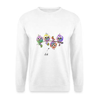 Spatzen auf Ast Vogel Vögel Vogelschwarm bunt - Unisex Pullover - Weiß - Vorne - Alina (178cm) & Michal (187cm)