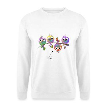 Spatzen auf Ast Vogel Vögel Vogelschwarm bunt - Unisex Pullover - Weiß - Vorne - Alina (178cm) & Michal (187cm)