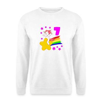 7 Siebter Geburtstag 7 Bday Mädchen Einhorn - Unisex Pullover - Weiß - Vorne - Alina (178cm) & Michal (187cm)
