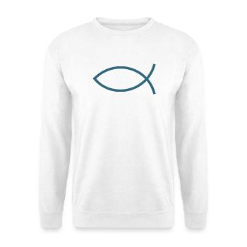 Blauer Jesusfisch Ichthys Jesus Fisch  - Unisex Pullover - Weiß - Vorne - Alina (178cm) & Michal (187cm)