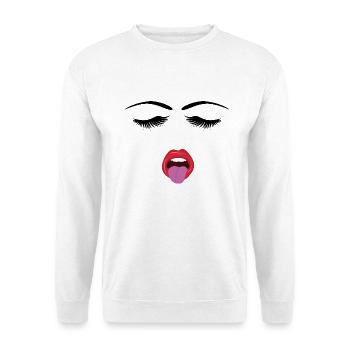 Gesicht mit Zunge raus - Wimpern Minimal - Unisex Pullover - Weiß - Vorne - Alina (178cm) & Michal (187cm)