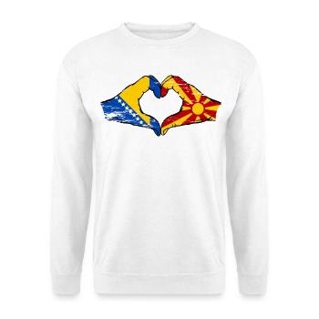 Bosnien Mazedonien Flagge Hände Herzform used - Unisex Pullover - Weiß - Vorne - Alina (178cm) & Michal (187cm)