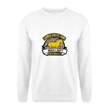Turnier Trottel Turniertrottel TT Reiterspruch - Unisex Pullover - Weiß - Vorne - Alina (178cm) & Michal (187cm)