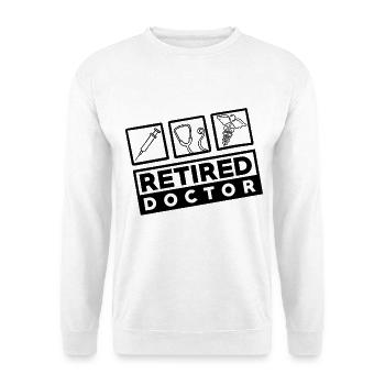Retired Doctor - Arzt in Rente mit Symbolen - Unisex Pullover - Weiß - Vorne - Alina (178cm) & Michal (187cm)
