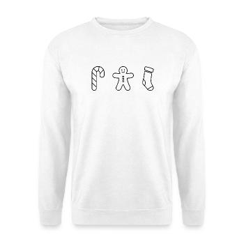 Zuckerstange - Pfefferkuchen - Weihnachtsstrumpf - Unisex Pullover - Weiß - Vorne - Alina (178cm) & Michal (187cm)