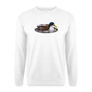 machen Macher einfach machen - Unisex Pullover - Weiß - Vorne - Alina (178cm) & Michal (187cm)