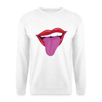 Rausgestreckte Zunge - Freche rote Lippen - Unisex Pullover - Weiß - Vorne - Alina (178cm) & Michal (187cm)