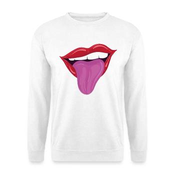 Rausgestreckte Zunge - Freche rote Lippen - Unisex Pullover - Weiß - Vorne - Alina (178cm) & Michal (187cm)