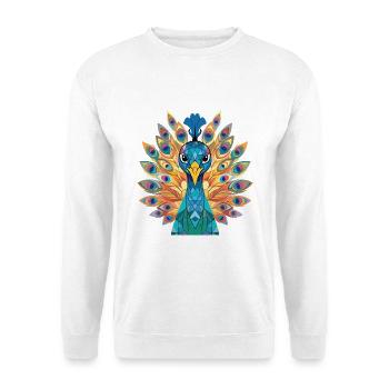 Pfauenbunte Aquarell-Tierillustration - Unisex Pullover - Weiß - Vorne - Alina (178cm) & Michal (187cm)
