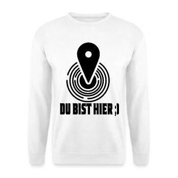 Du bist hier, dein aktueller Standort - Unisex Pullover - Weiß - Vorne - Alina (178cm) & Michal (187cm)