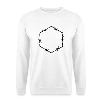 Stacheldraht 6 Eck Hexagon - Geschenkidee Tattoo - Unisex Pullover - Weiß - Vorne - Alina (178cm) & Michal (187cm)