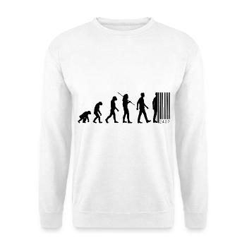 Evolution Barcode - Vom Affen zum Strichcode - Unisex Pullover - Weiß - Vorne - Alina (178cm) & Michal (187cm)
