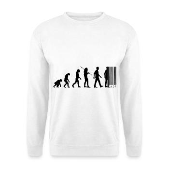 Evolution Barcode - Vom Affen zum Strichcode - Unisex Pullover - Weiß - Vorne - Alina (178cm) & Michal (187cm)