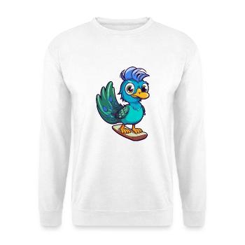 Lustiger Pfau Kawaii Cartoon spielt Skateboard - Unisex Pullover - Weiß - Vorne - Alina (178cm) & Michal (187cm)