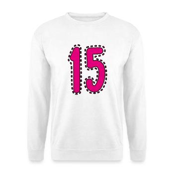 15. 15 JAHRE. 15. JAHRESTAG. 15-JÄHRIGES JUBILÄUM. - Unisex Pullover - Weiß - Vorne - Alina (178cm) & Michal (187cm)