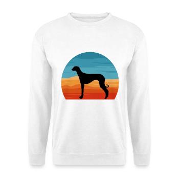 Alter kroatischer Windhund Hund Silhouette Retro Sonne - Unisex Pullover - Weiß - Vorne - Alina (178cm) & Michal (187cm)