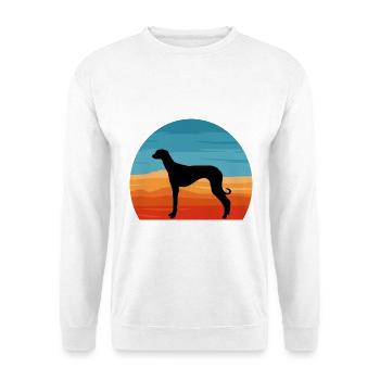 Alter kroatischer Windhund Hund Silhouette Retro Sonne - Unisex Pullover - Weiß - Vorne - Alina (178cm) & Michal (187cm)
