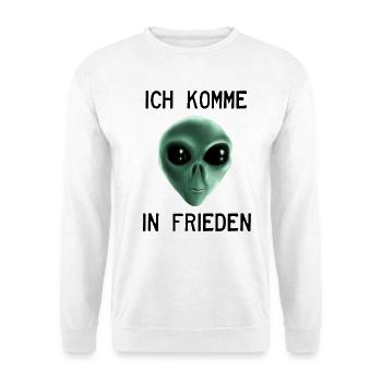 Ich komme in Frieden - Grüner Alien - Unisex Pullover - Weiß - Vorne - Alina (178cm) & Michal (187cm)