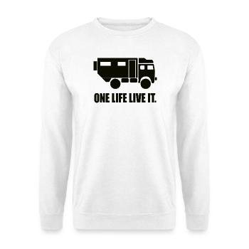 One Life Live it LKW Reise Geschenk Allrad Offroad - Unisex Pullover - Weiß - Vorne - Alina (178cm) & Michal (187cm)