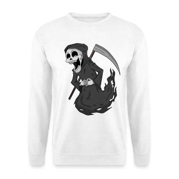 Sensenmann lacht lustig - Unisex Pullover - Weiß - Vorne - Alina (178cm) & Michal (187cm)