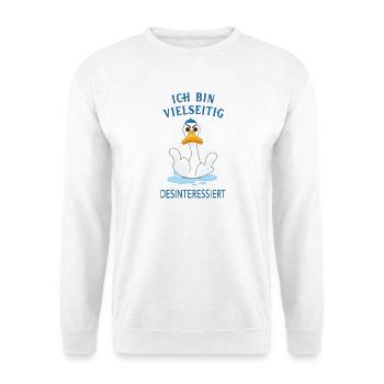Ich bin vielseitig desinteressiert - Unisex Pullover - Weiß - Vorne - Alina (178cm) & Michal (187cm)