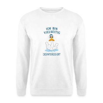 Ich bin vielseitig desinteressiert - Unisex Pullover - Weiß - Vorne - Alina (178cm) & Michal (187cm)