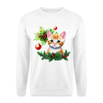 Eine entzückende Katze mit vor Neugier funkelnden Augen - Unisex Pullover - Weiß - Vorne - Alina (178cm) & Michal (187cm)