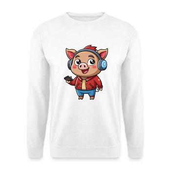 Schwein Lustige Zeichentrickfigur Kopfhörer Musik - Unisex Pullover - Weiß - Vorne - Alina (178cm) & Michal (187cm)