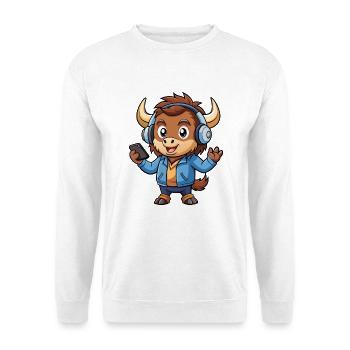 Buffalo Lustige Cartoon Figur Kopfhörer Musik - Unisex Pullover - Weiß - Vorne - Alina (178cm) & Michal (187cm)
