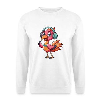 Flamingo Lustige Zeichentrickfigur Kopfhörer Musik - Unisex Pullover - Weiß - Vorne - Alina (178cm) & Michal (187cm)