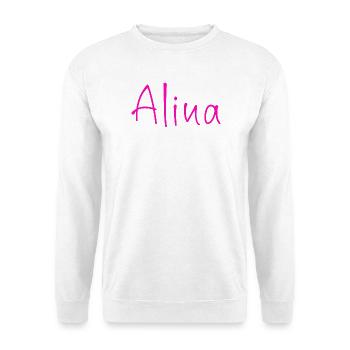 Alina Neon Schriftzug in Pink - Unisex Pullover - Weiß - Vorne - Alina (178cm) & Michal (187cm)