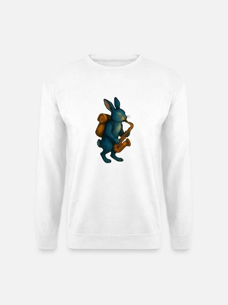 Blaues Kaninchen mit Saxophon - Unisex Pullover - Weiß