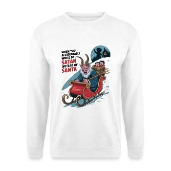 Schreiben Sie versehentlich an Satan statt an den Weihnachtsmann - Unisex Pullover - Weiß - Vorne - Alina (178cm) & Michal (187cm)