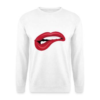 Beißende Lippen - Rote Lippen auf Unterlippe - Unisex Pullover - Weiß - Vorne - Alina (178cm) & Michal (187cm)