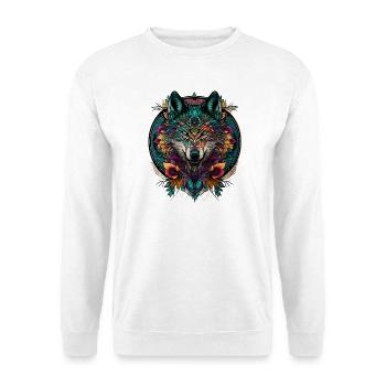 Wolf Mandala Rund – Wolf Krafttier - Unisex Pullover - Weiß - Vorne - Alina (178cm) & Michal (187cm)