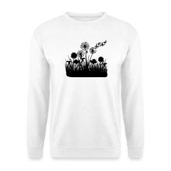 Schmetterlingdesign Pusteblumen Wiese Herzen - Unisex Pullover - Weiß - Vorne - Alina (178cm) & Michal (187cm)