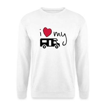 Ich liebe meinen Camper. Ich liebe mein Wohnmobil. Urlaub - Unisex Pullover - Weiß - Vorne - Alina (178cm) & Michal (187cm)