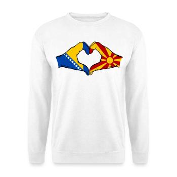 Bosnien Mazedonien Flagge Hände Herzform - Unisex Pullover - Weiß - Vorne - Alina (178cm) & Michal (187cm)