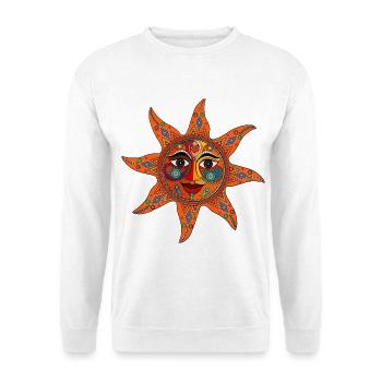 Sonnen Mandala - Buntes Gesicht im Boho Stil - Unisex Pullover - Weiß - Vorne - Alina (178cm) & Michal (187cm)