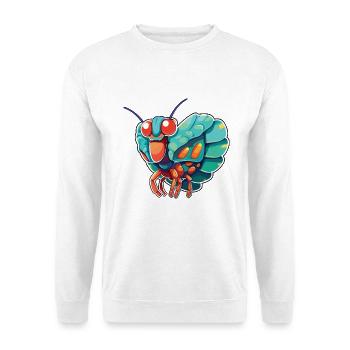 Pfauen-Gottesanbeterin-Garnelen-Cartoon-Kawaii-Illustration - Unisex Pullover - Weiß - Vorne - Alina (178cm) & Michal (187cm)