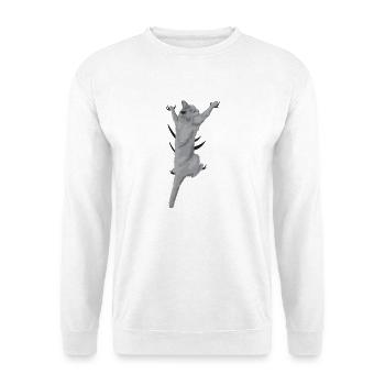 Kletternde Katze - Graue Katze hängt am Shirt - Unisex Pullover - Weiß - Vorne - Alina (178cm) & Michal (187cm)