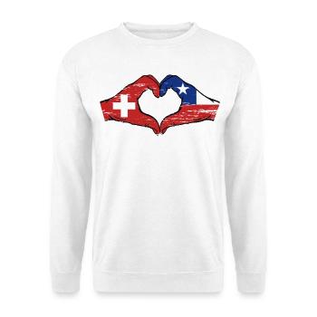 Schweiz Chile Flagge Hände Herzform used - Unisex Pullover - Weiß - Vorne - Alina (178cm) & Michal (187cm)