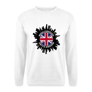 Middlesbrough Skyline UK Flagge Reise-Souvenir - Unisex Pullover - Weiß - Vorne - Alina (178cm) & Michal (187cm)