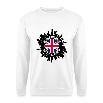 Middlesbrough Skyline UK Flagge Reise-Souvenir - Unisex Pullover - Weiß - Vorne - Alina (178cm) & Michal (187cm)