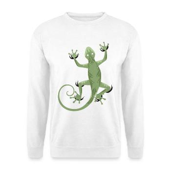 Gecko kletternd - Grüne Echse Illustration - Unisex Pullover - Weiß - Vorne - Alina (178cm) & Michal (187cm)